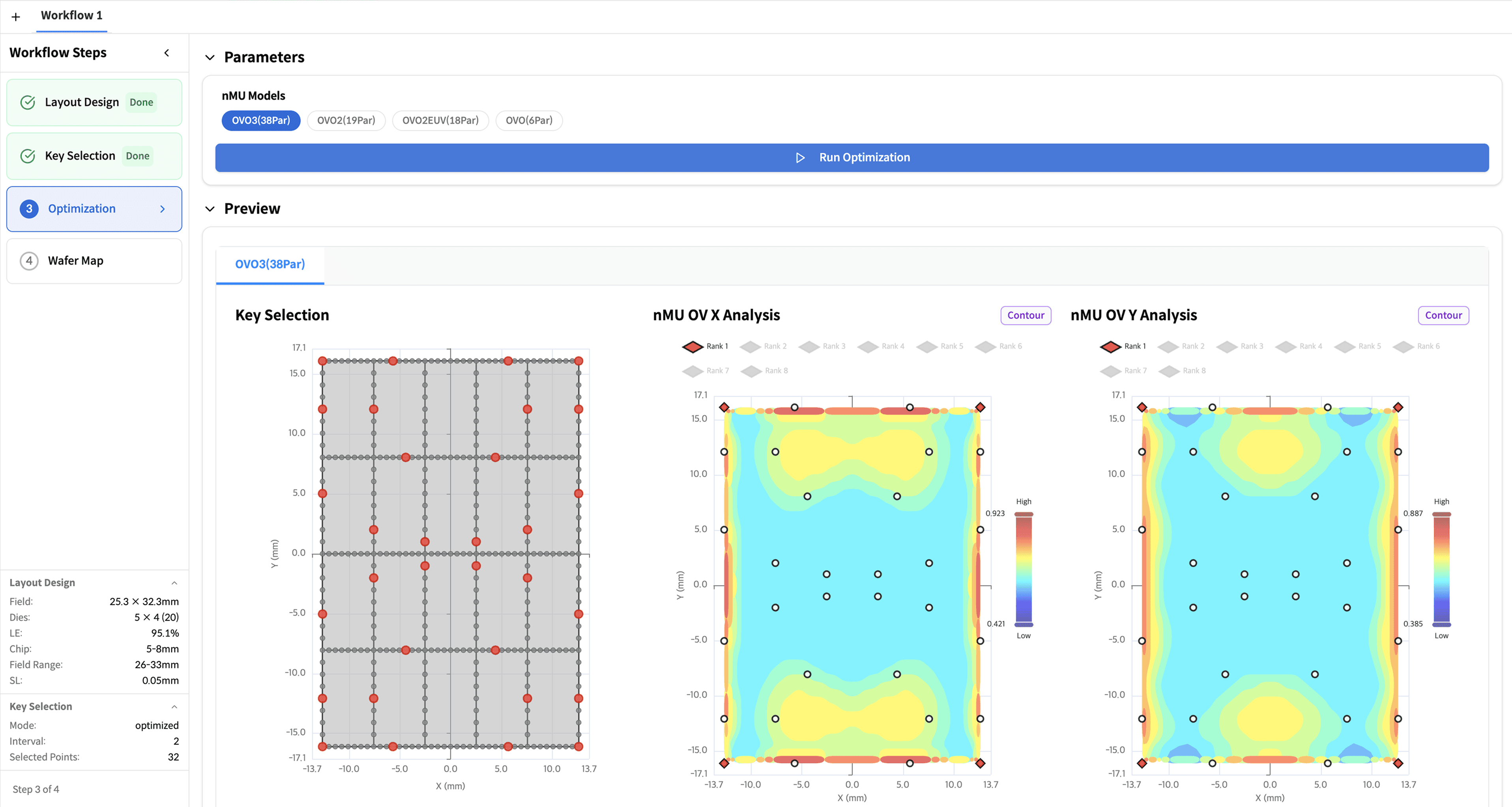 SMILE Lite Sampling Optimizer — Step 3: Optimization 화면 (cascade·random 알고리즘, contour map, top points, 추천 모델)